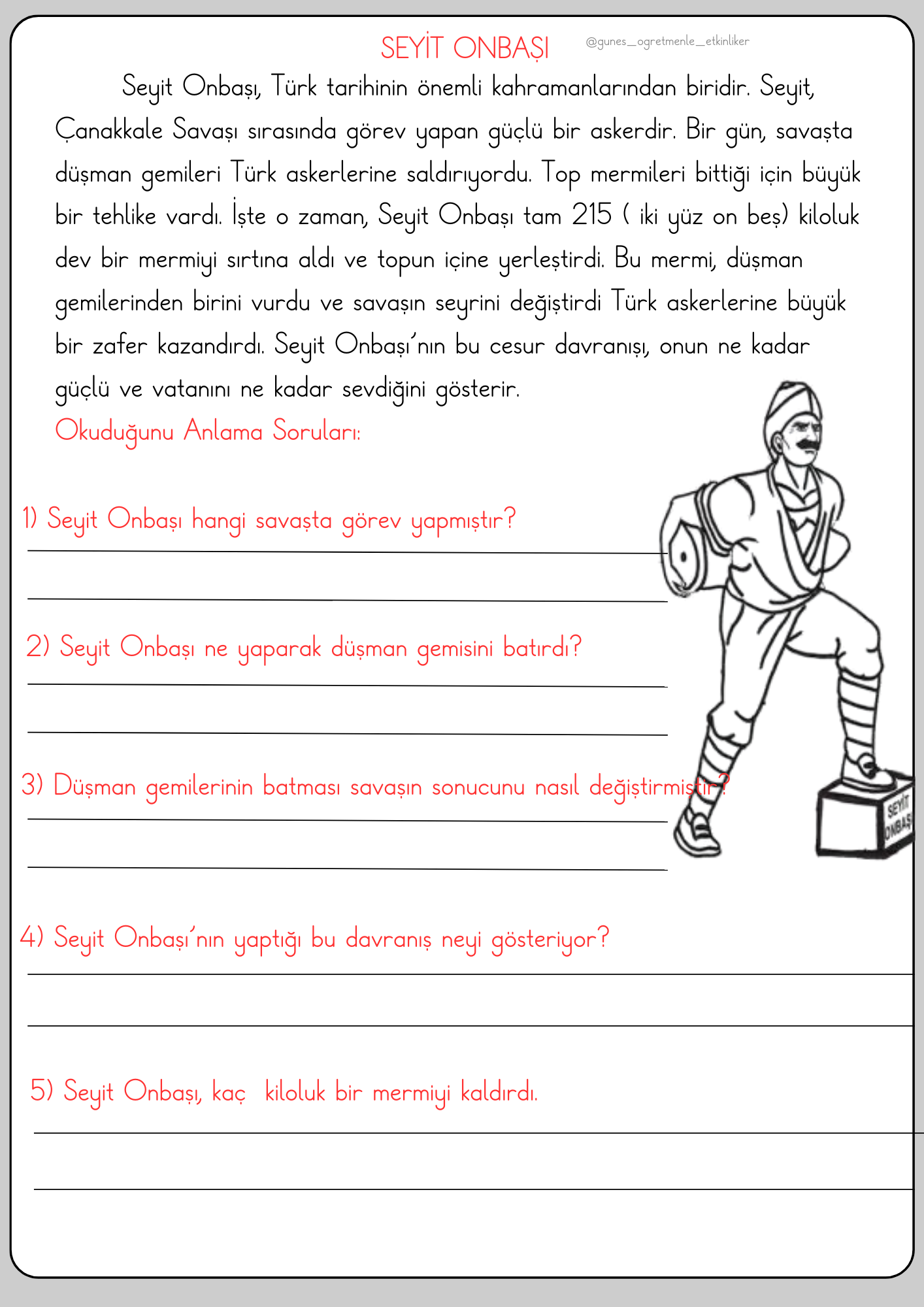 1. Sınıf Türkçe Seyit Onbaşı okuma, Anlama Metni