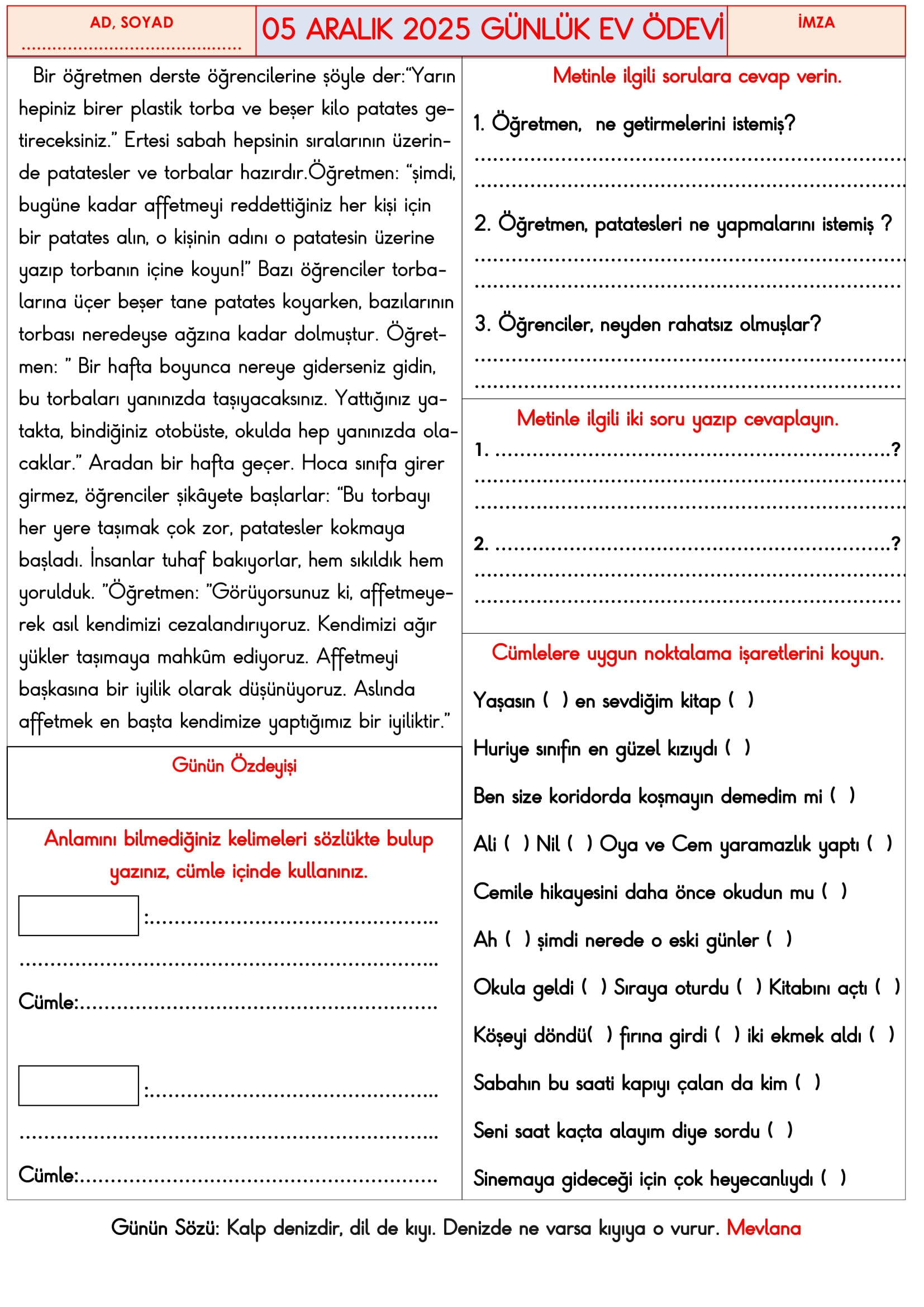 3. Sınıf - 05 Aralık 2025 Günlük Ev Ödevleri
