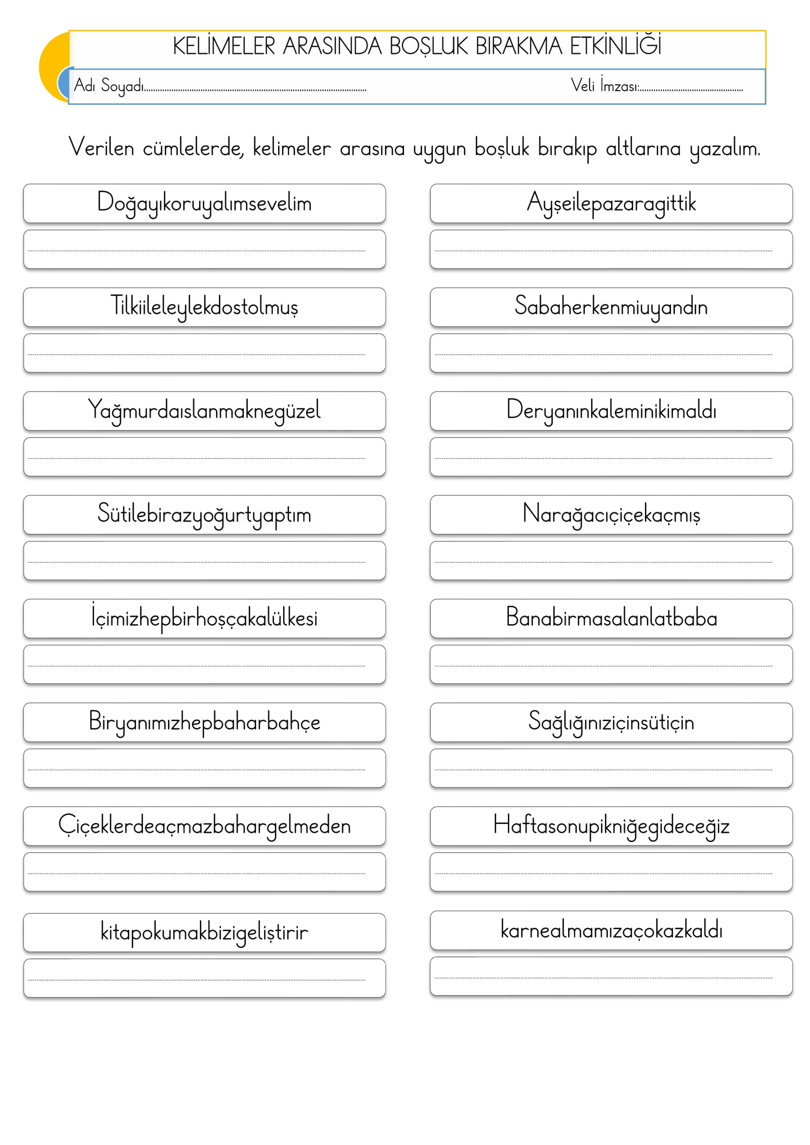 1. Sınıf Türkçe Kelimeler Arasında Boşluk Bırakma Etkinliği