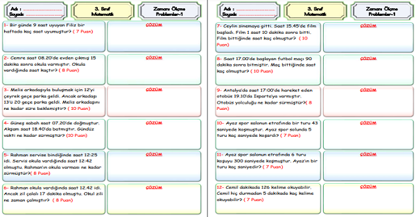 3. Sınıf Matematik Zamanı Ölçme Problemleri-1