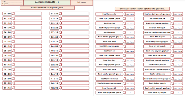 2. Sınıf - Matematik - Saatler Etkinliği-1