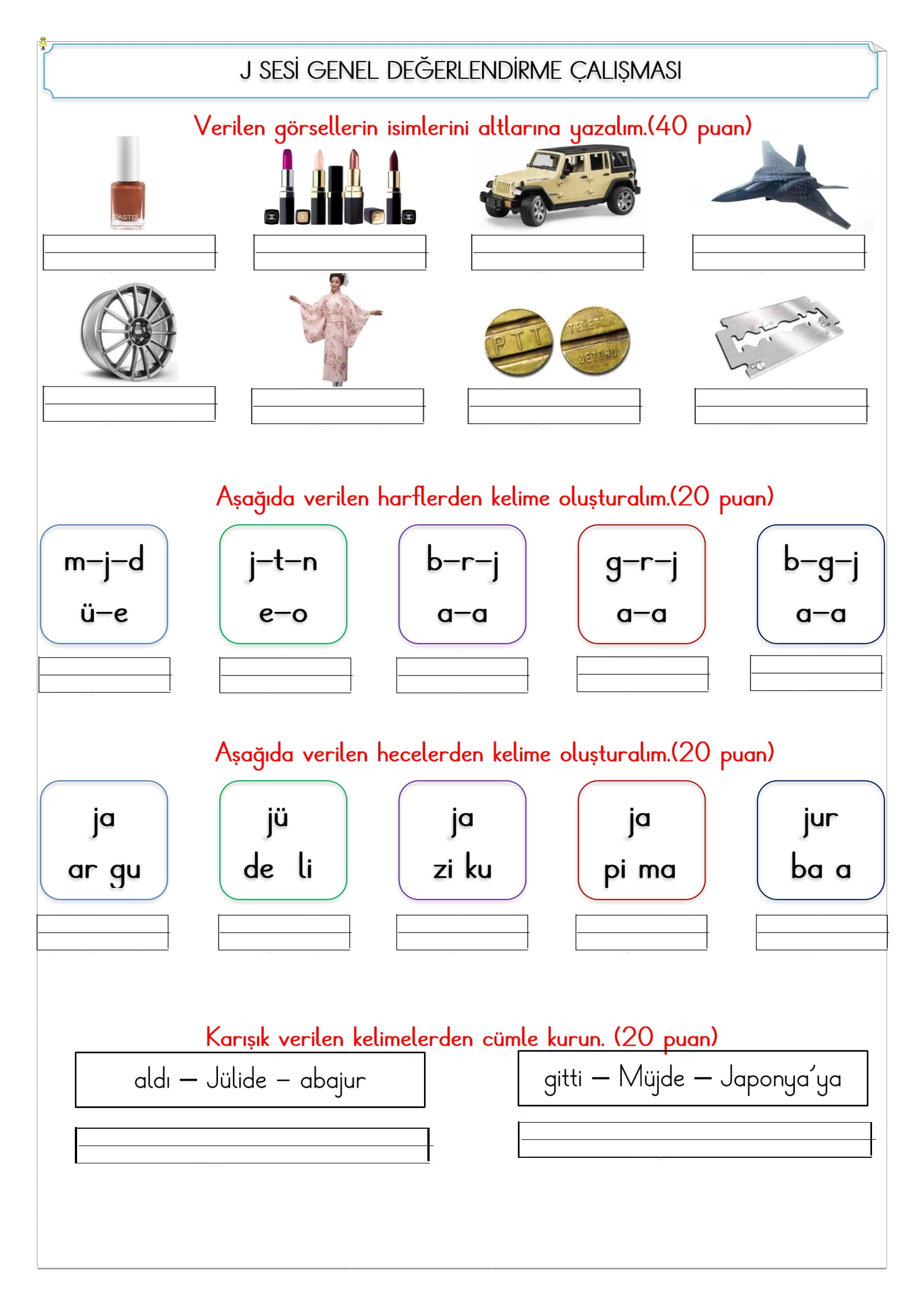 1. Sınıf İlk Okuma Yazma J Sesi Değerlendirme Çalışması 2