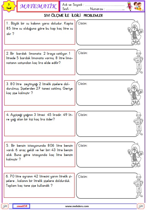 3. Sınıf Matematik Sıvı Ölçme ile İlgili Problemler Etkinliği 8