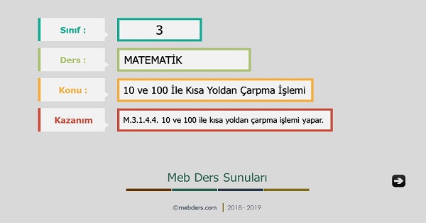 3. Sınıf Matematik 10 ve 100 İle Kısa Yoldan Çarpma İşlemi Sunusu