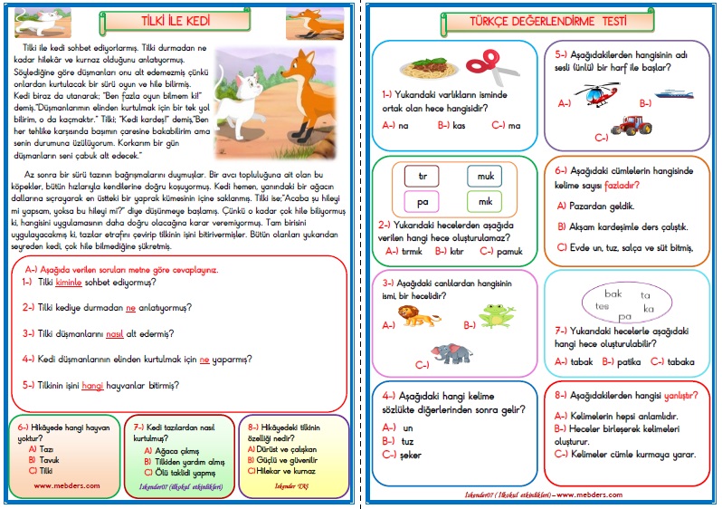1. Sınıf Türkçe Tilki ile Kedi Değerlendirme Çalışması 4