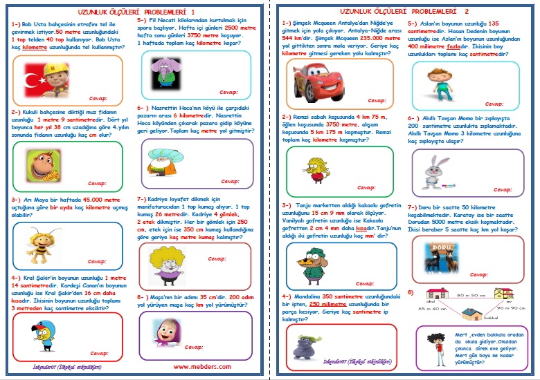 4. Sınıf Matematik Uzunluk Ölçüleri Problemleri (2 Sayfa)