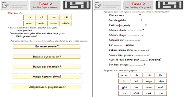 2. Sınıf Türkçe Soru Ekini Doğru Yazıyorum Çalışma Sayfaları