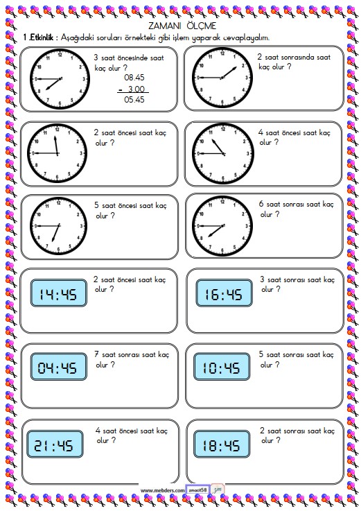 2. Sınıf Matematik Zamanı Ölçme ve Saat Etkinliği 14