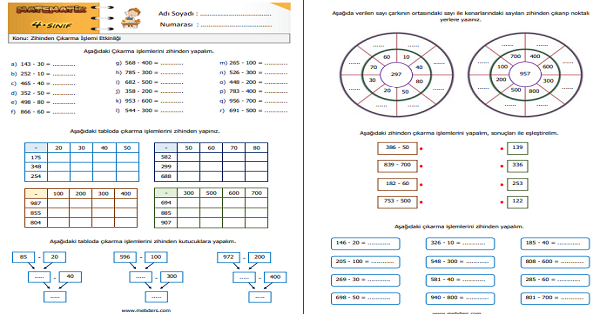 4. Sınıf Matematik Zihinden Çıkarma İşlemi Etkinliği 1