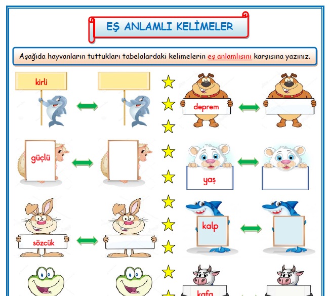 2. Sınıf Türkçe Eş (Anlamdaş) Anlamlı Kelimeler Etkinlik Çalışması