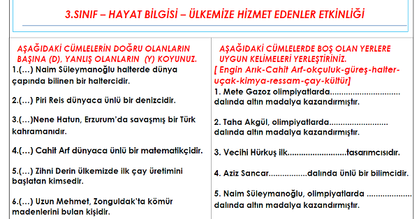 3. Sınıf - Hayat Bilgisi Ülkemize Hizmet Edenler Etkinliği