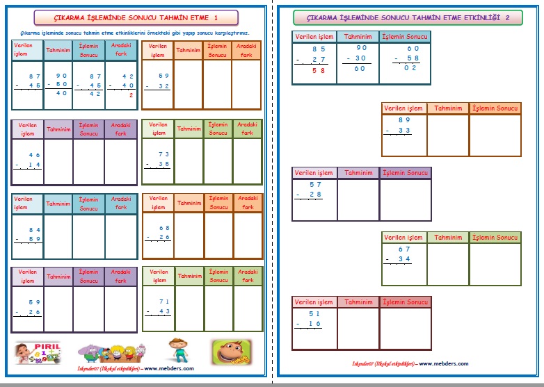 2. Sınıf Matematik Çıkarma İşleminde Sonucu Tahmin Etme (3 sayfa)