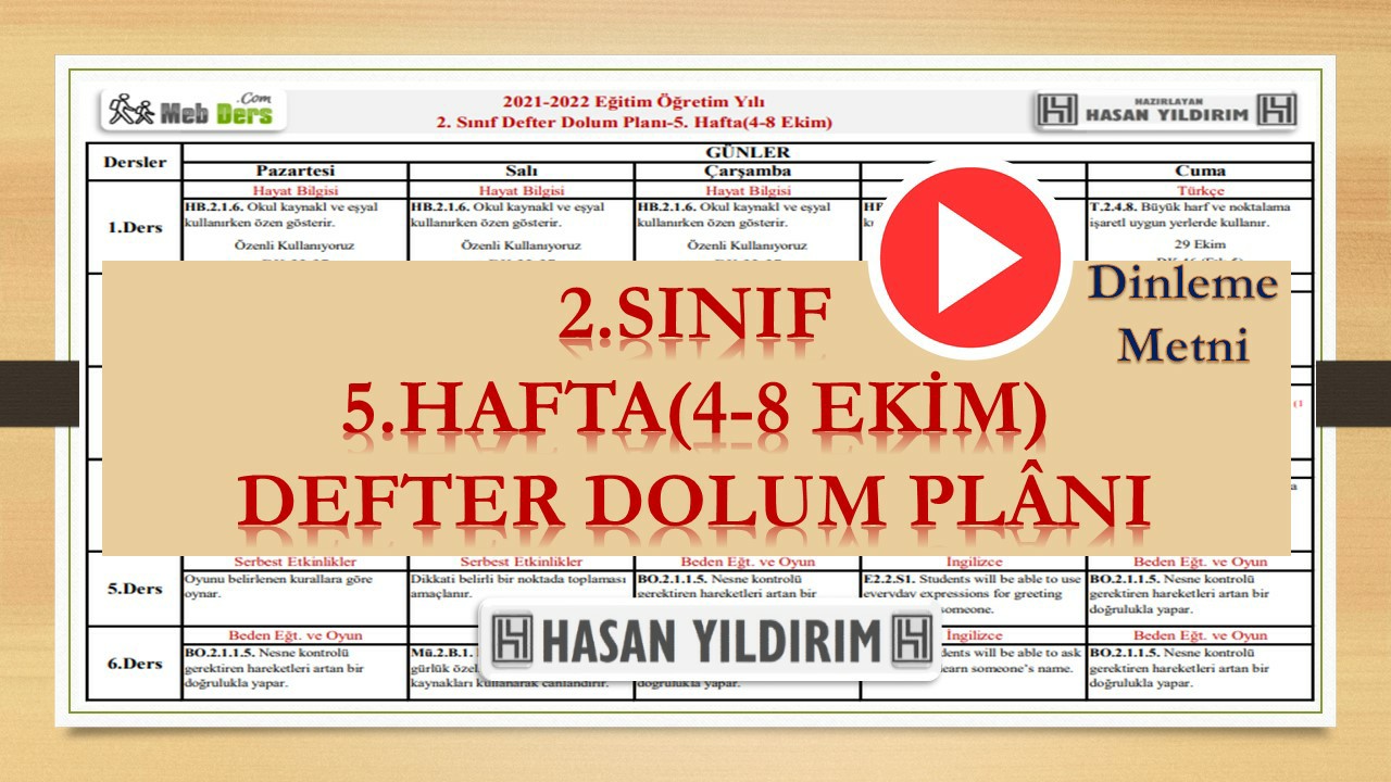 2. Sınıf 5.Hafta(4-8 Ekim) Defter Dolum Planı