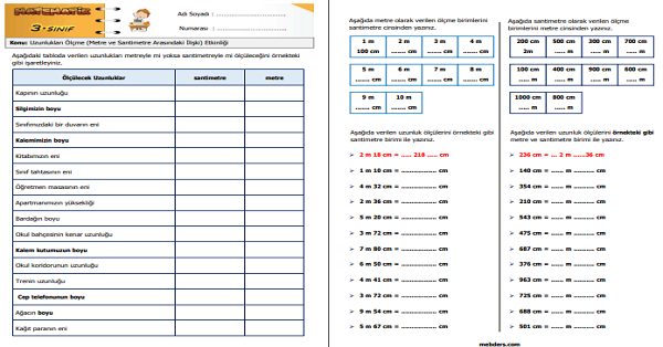 3. Sınıf Matematik Uzunlukları Ölçme (Metre ve Santimetre Arasındaki İlişki) Etkinliği 4