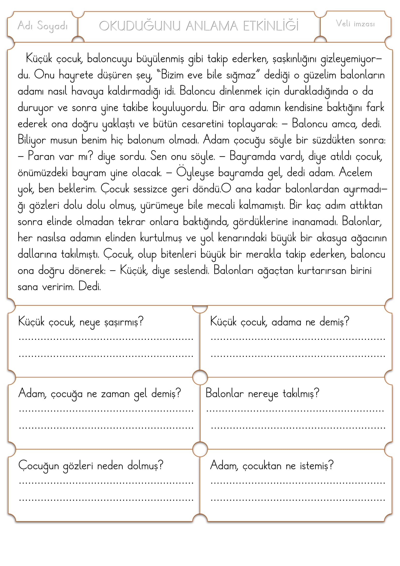 1. Sınıf Türkçe Okuduğunu Anlama Etkinliği -5
