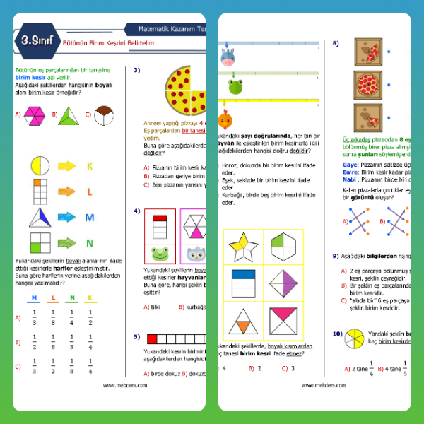 3. Sınıf Matematik Bütünün Birim Kesrini Belirtelim Kazanım Testi