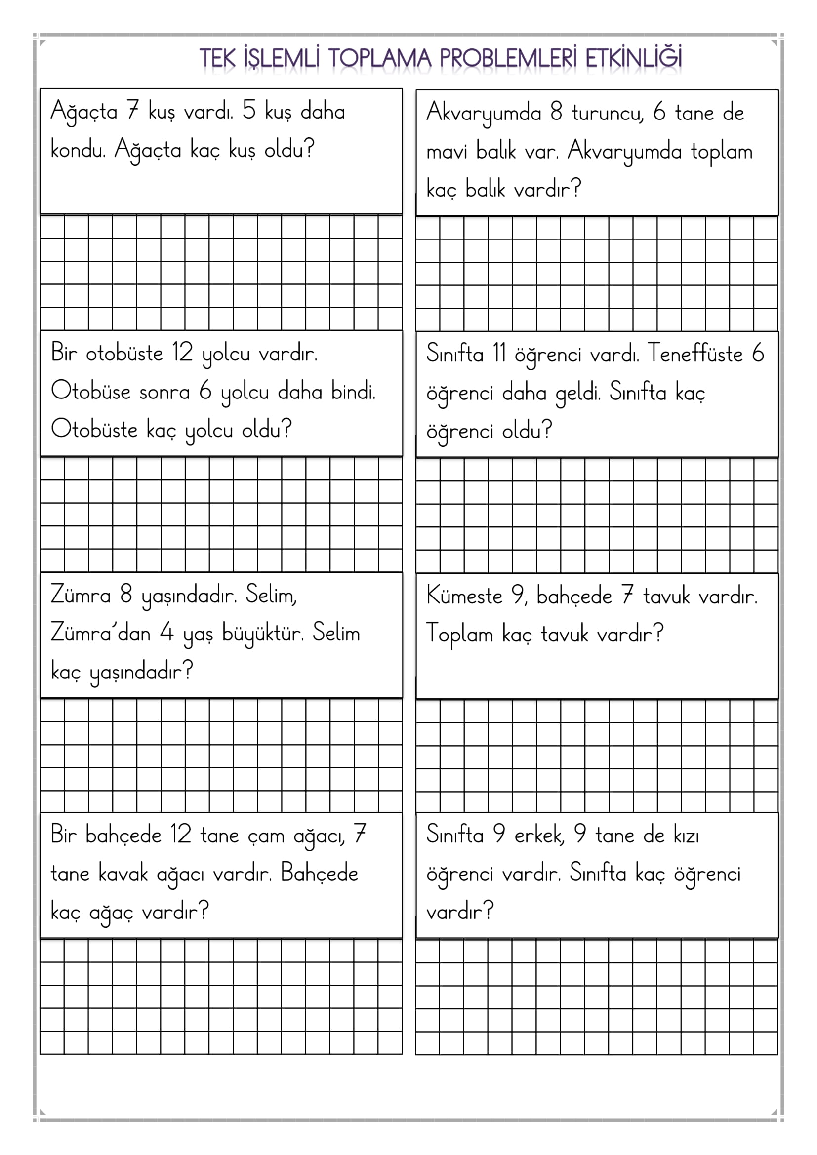 1. Sınıf Matematik Tek İşlemli Toplama Problemleri Etkinliği