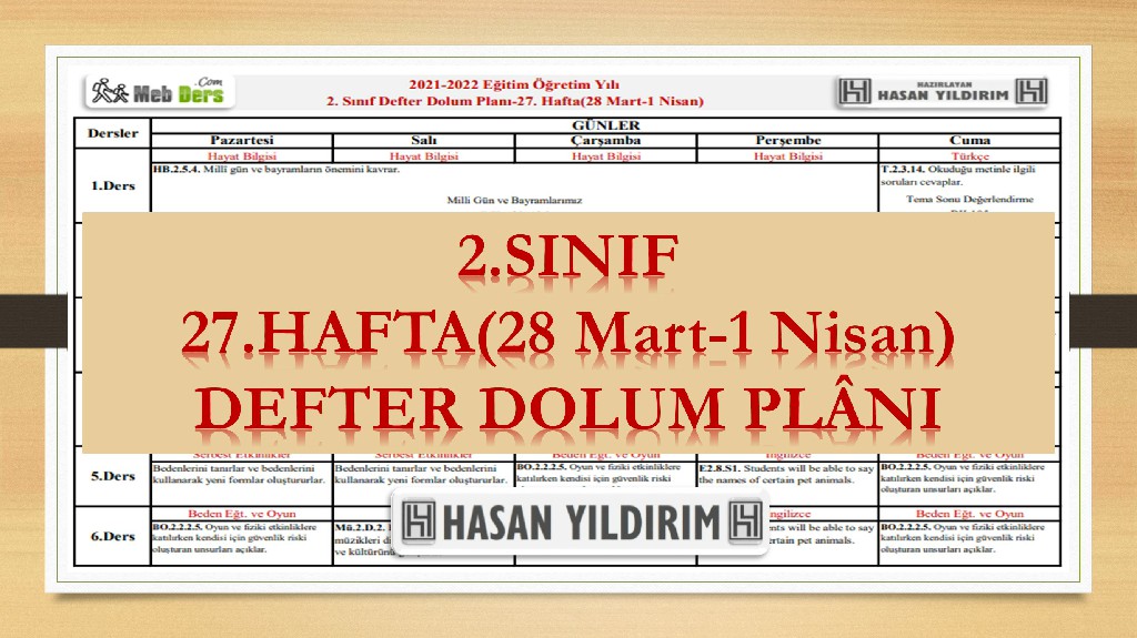 2. Sınıf 27.Hafta(28 Mart-1 Nisan) Defter Dolum Planı