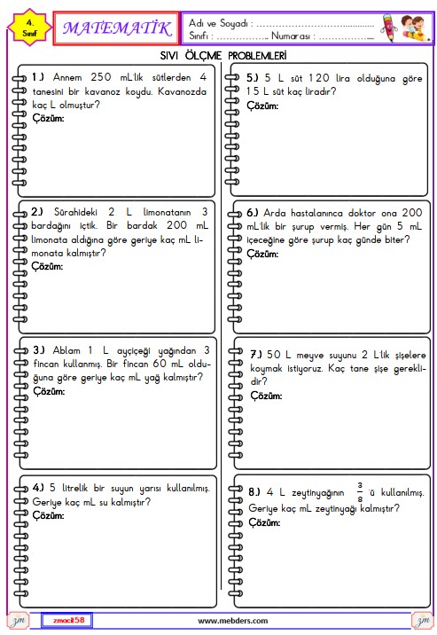 4. Sınıf Matematik Sıvı Ölçme Problemleri Etkinliği 7