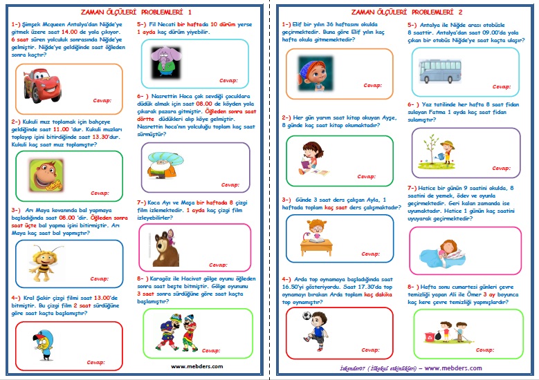 2. Sınıf Matematik Zaman Ölçüleri Problemleri 1-2 ( 2 Sayfa-16 Soru)