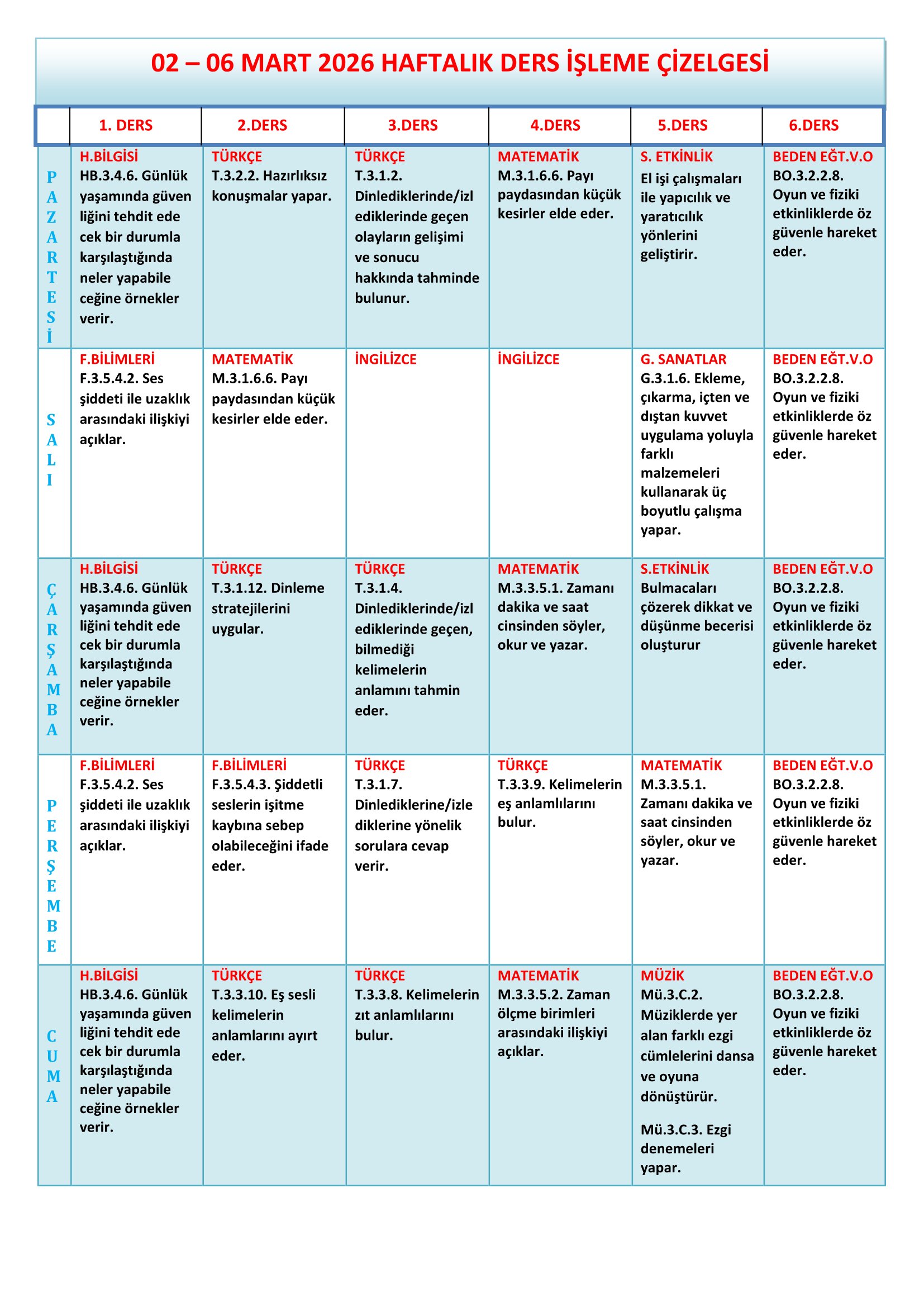 3. Sınıf 02 - 06 Mart 2026 Haftalık Ders İşleme Çizelgesi.doc