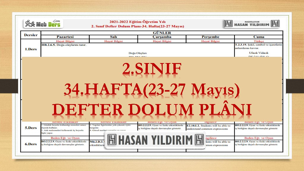 2. Sınıf 34.Hafta(23-27 Mayıs) Defter Dolum Planı