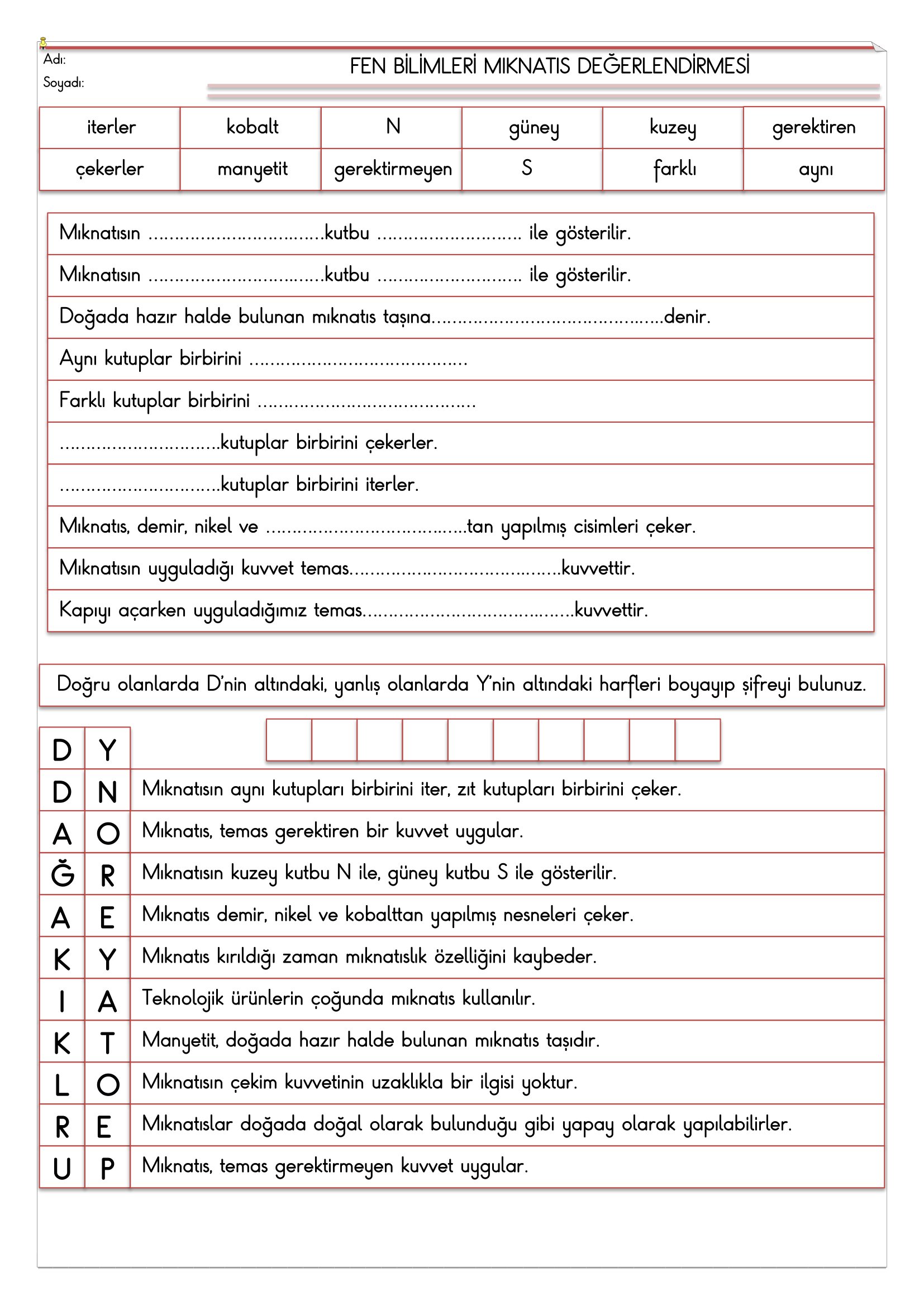 4. Sınıf - Fen Bilimleri Mıknatıs Değerlendirmesi