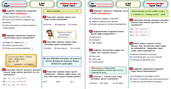 3. Sınıf Türkçe Noktalama İşaretleri Yaprak Test-2
