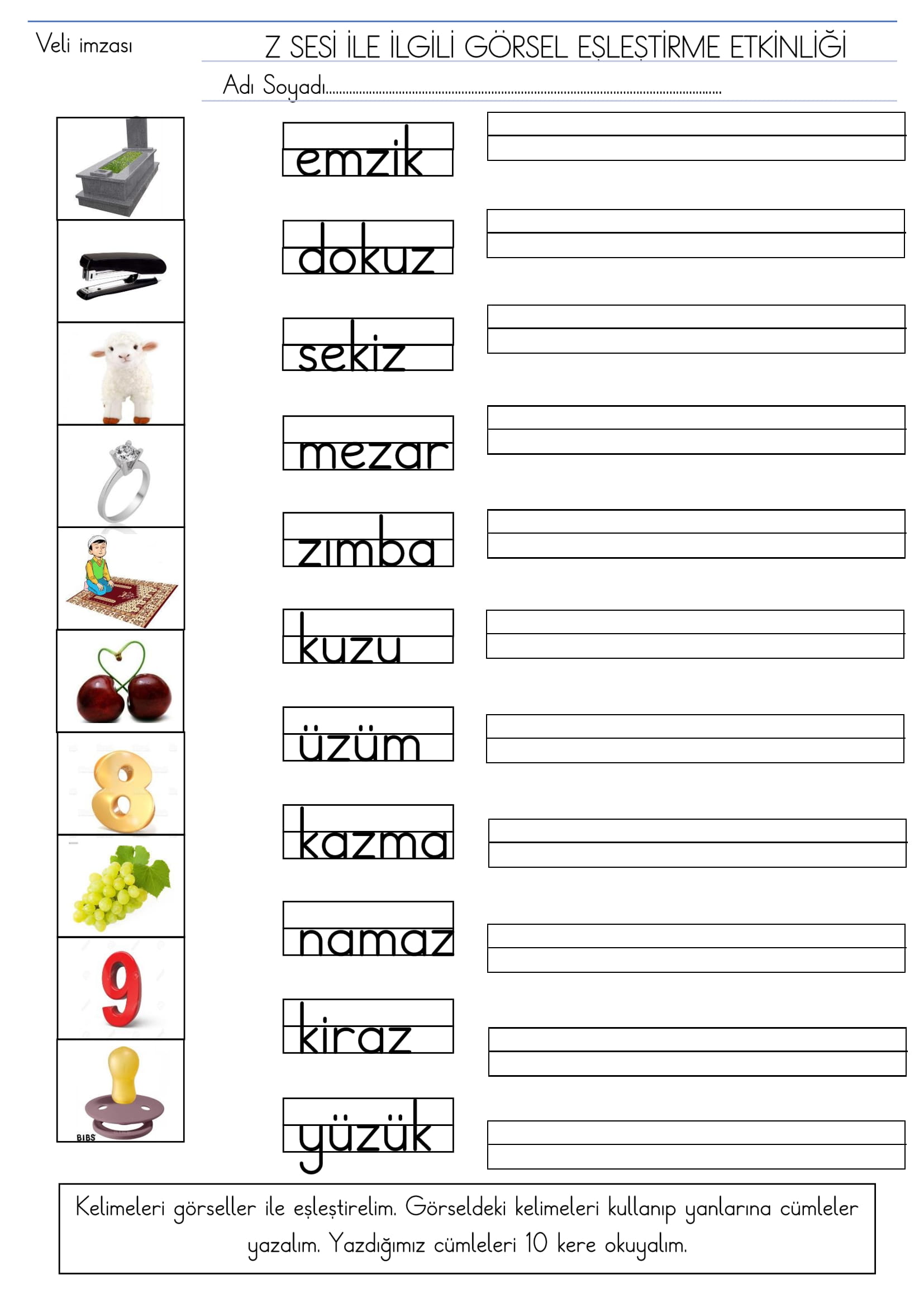 1. Sınıf İlk Okuma Yazma Z Sesi Görsel Eşleştirme Etkinliği