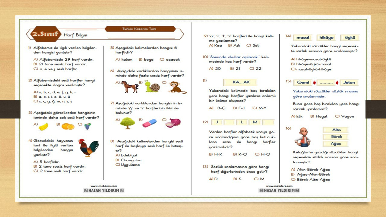 2. Sınıf Türkçe Harf Bilgisi Testi
