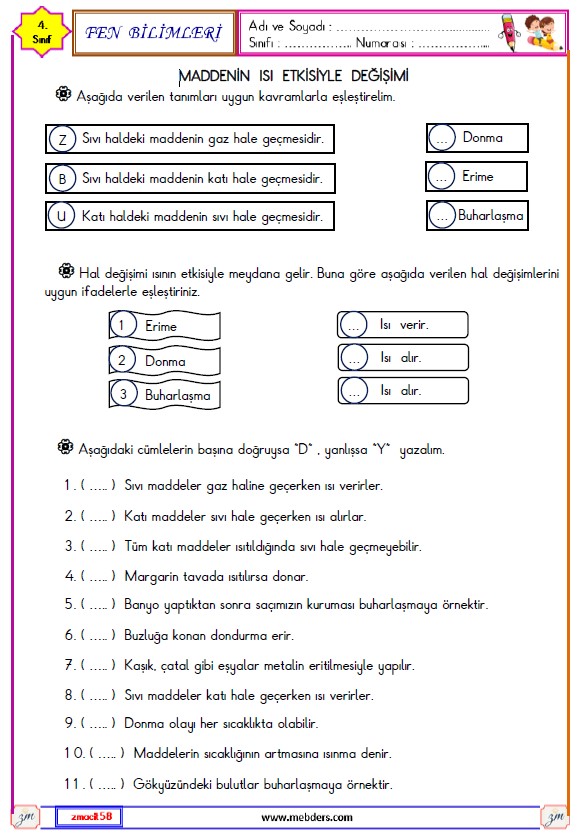 4. Sınıf Fen Bilimleri Maddenin Isı Etkisiyle Değişimi Etkinliği 2