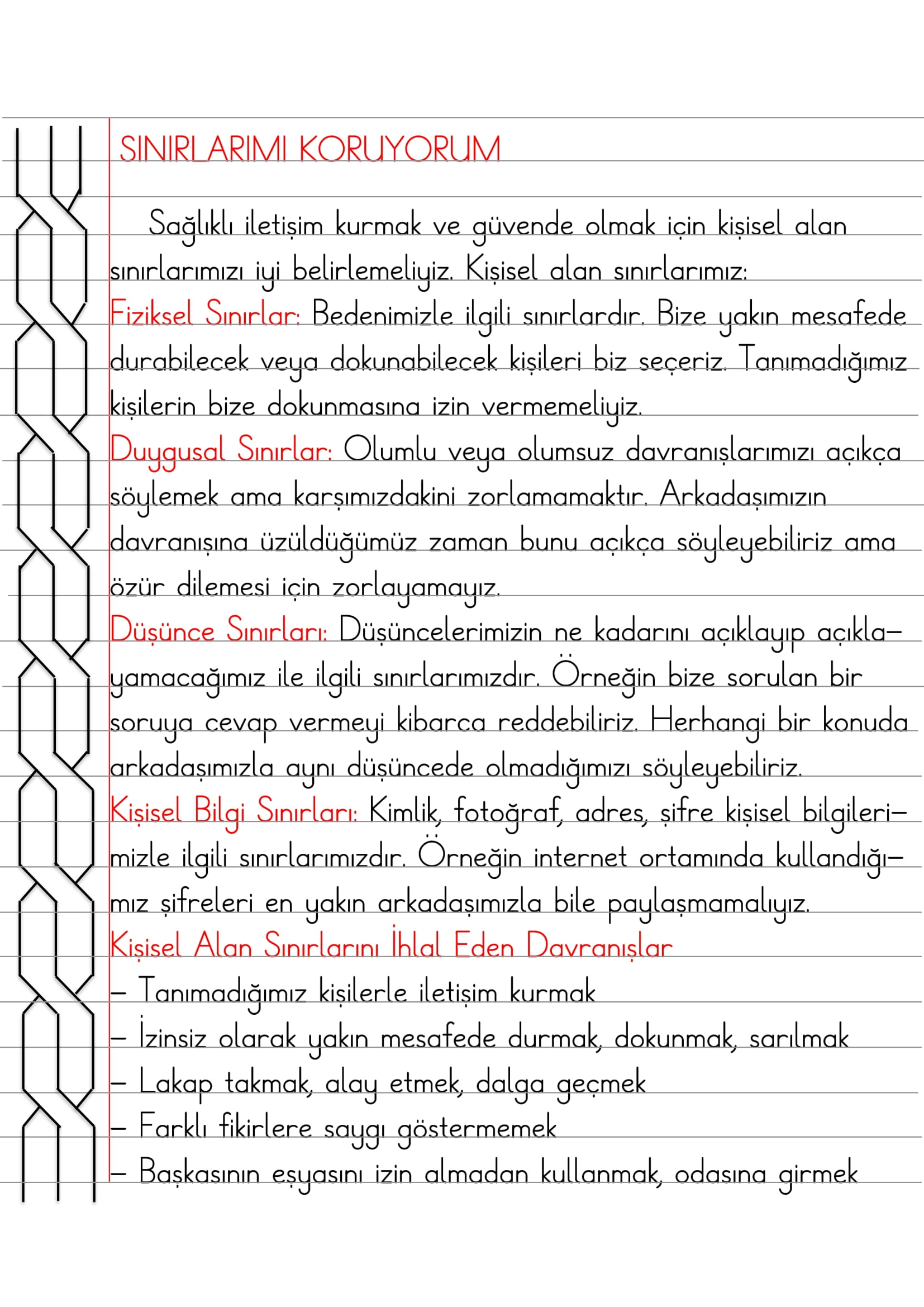 2. Sınıf - Hayat Bilgisi Sınırlarımı Koruyorum Defter Özeti