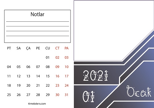 Resim Yapma Alanlı ve Not Girişli 2021 Takvimi