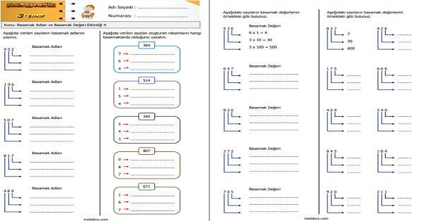 3. Sınıf Matematik Basamak Adları ve Basamak Değeri Etkinliği 4