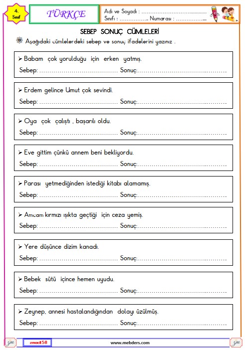 4. Sınıf Türkçe Sebep ve Sonuç Cümleleri Etkinliği 7