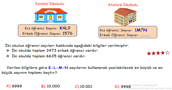 4. Sınıf Matematik Toplama İşlemi Yeni Nesil Sorular