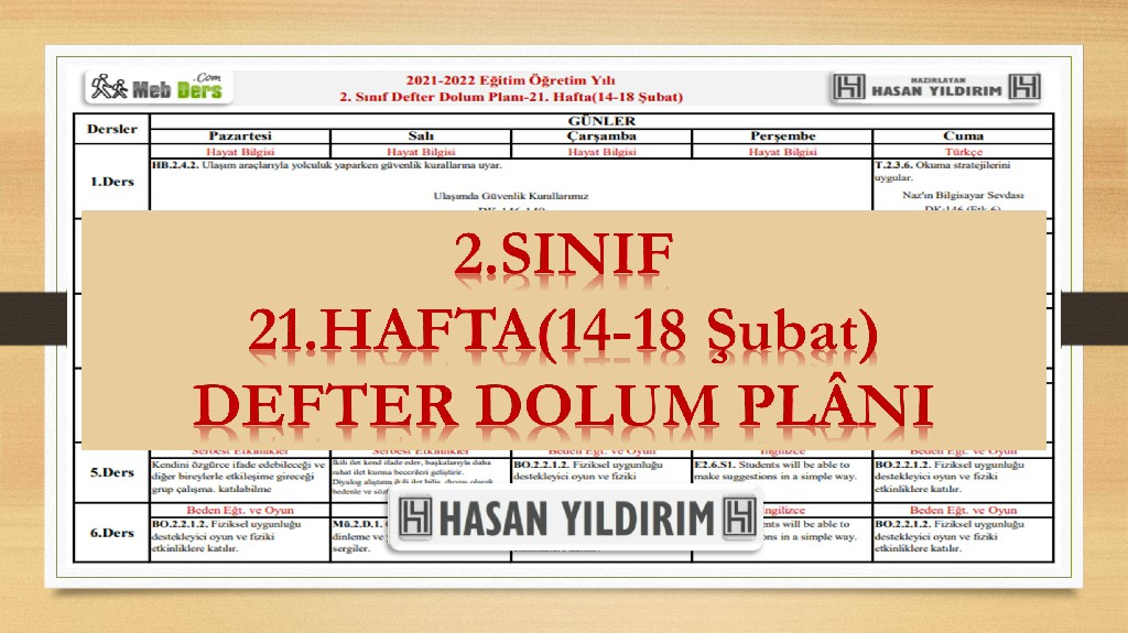 2. Sınıf 21.Hafta(14-18 Şubat) Defter Dolum Planı