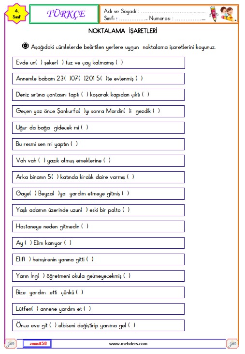4. Sınıf Türkçe Noktalama İşaretleri Etkinliği 2