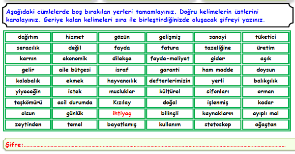 4. Sınıf Sosyal Bilgiler Üretim, Dağıtım ve Tüketim Ünitesi Boşluk Doldurma Etkinliği