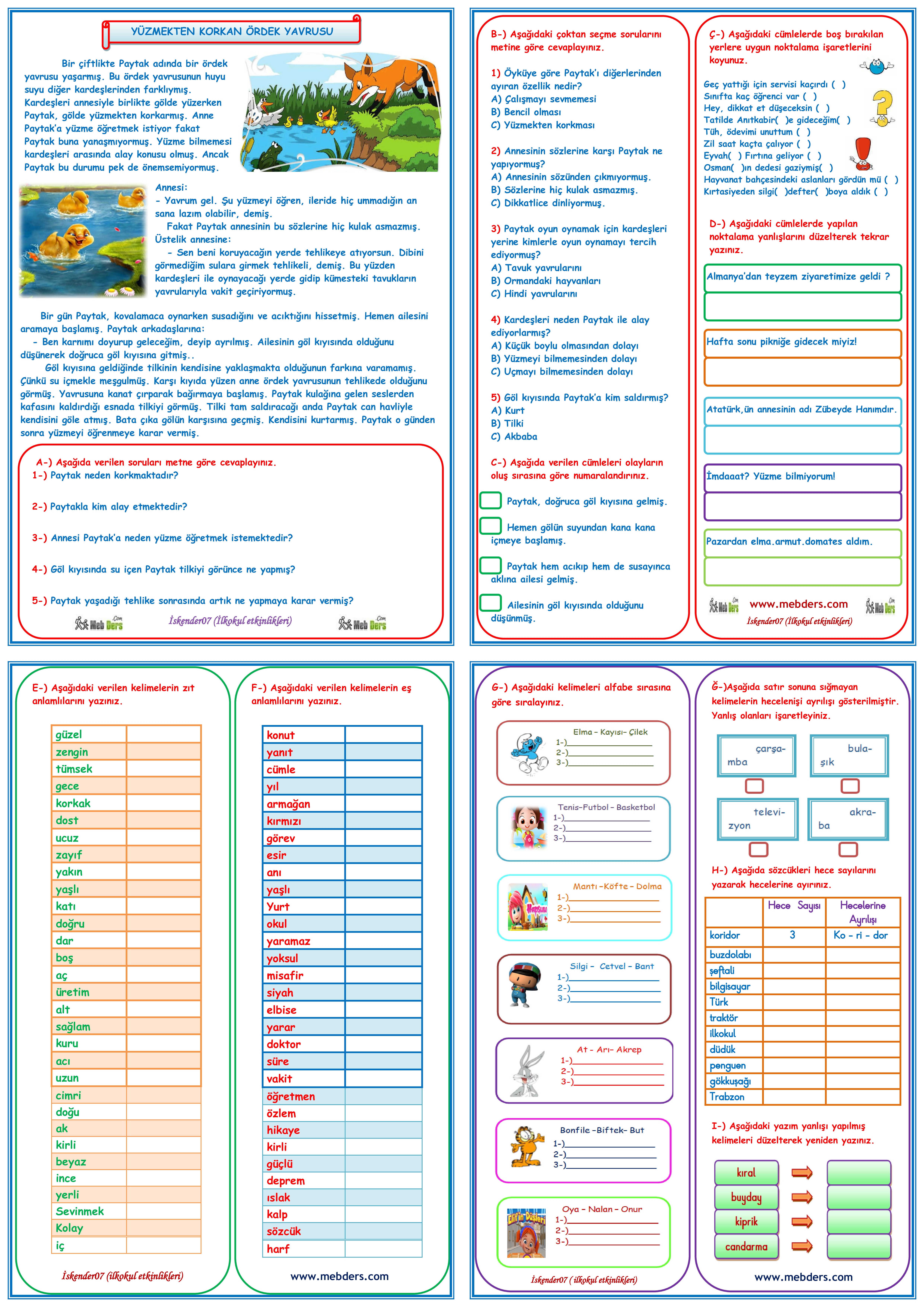 1. SINIF TÜRKÇE DERSİ TELAFİ EĞİTİMİ (4 SAYFA)