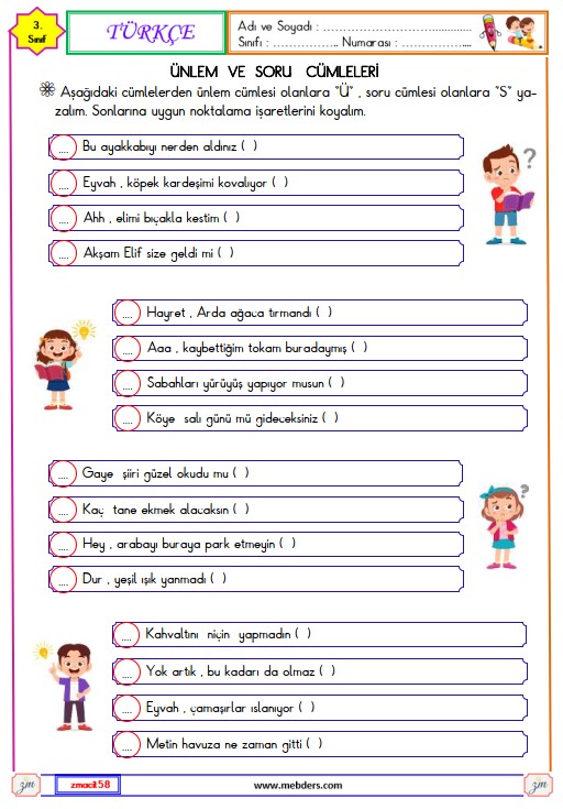 3. Sınıf Türkçe Ünlem ve Soru Cümlesi  Etkinliği 3