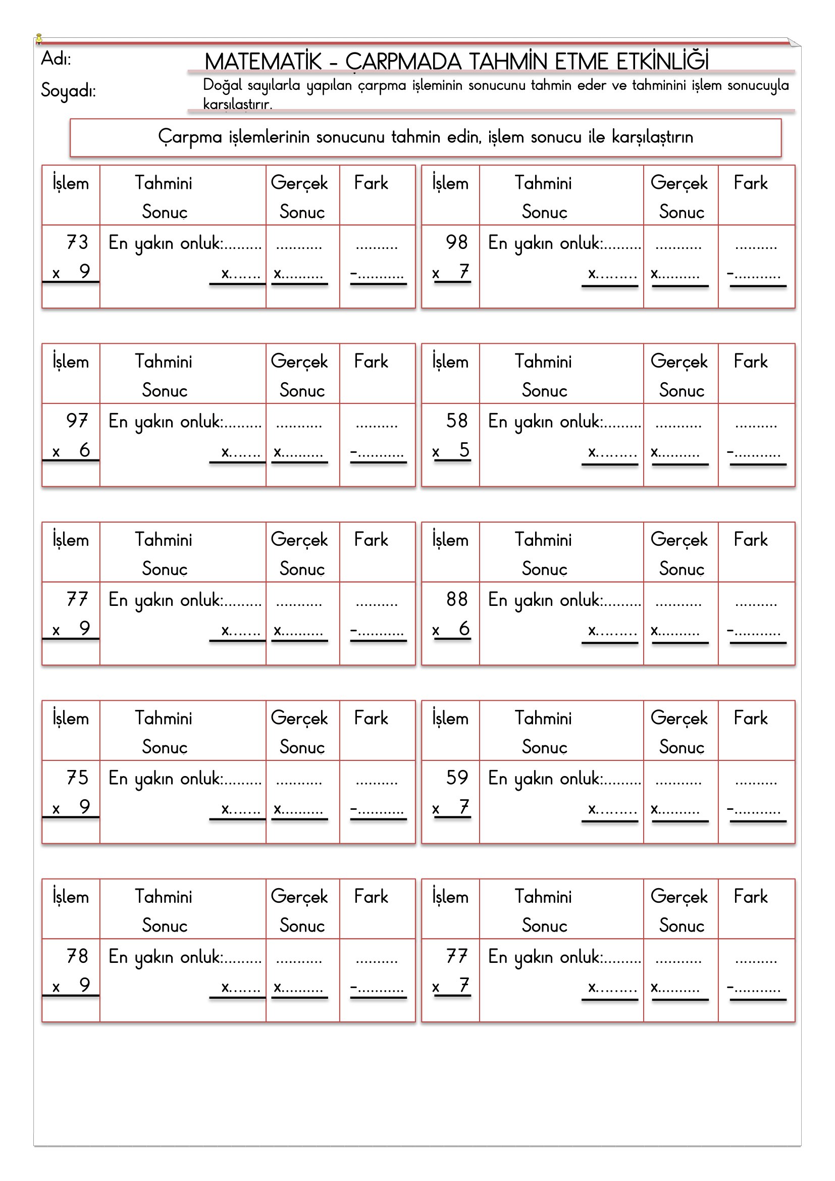 4. Sınıf - Matematik - Çarpmada Tahmin Etme Etkinliği