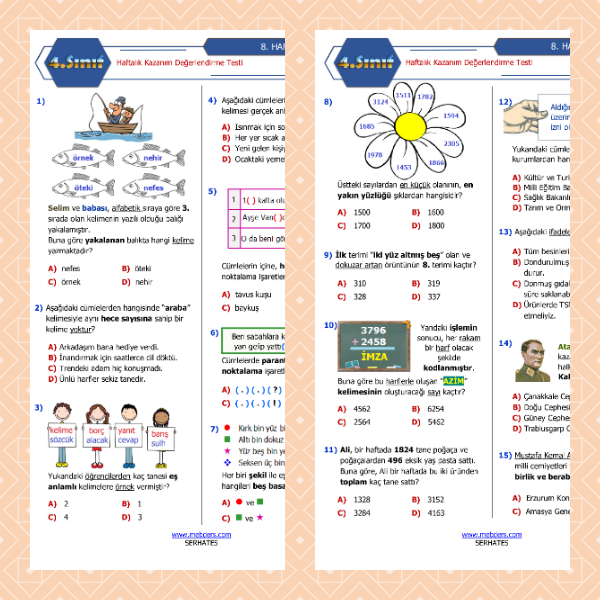 4. Sınıf Haftalık Değerlendirme Testi - 8. Hafta
