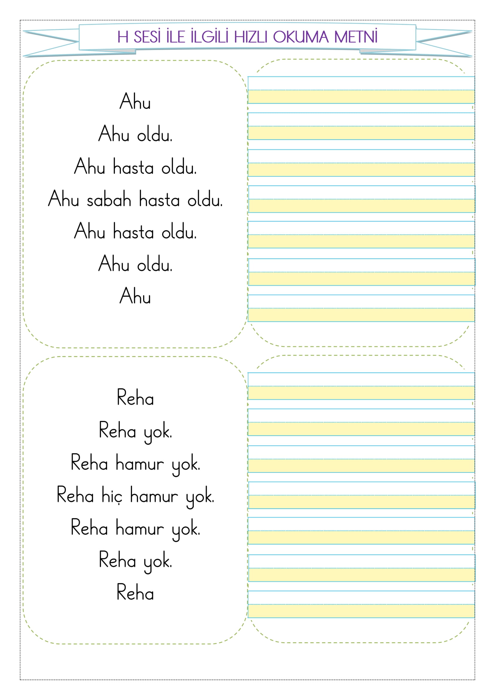 1. Sınıf İlk Okuma Yazma H Sesi Hızlı Okuma Metni