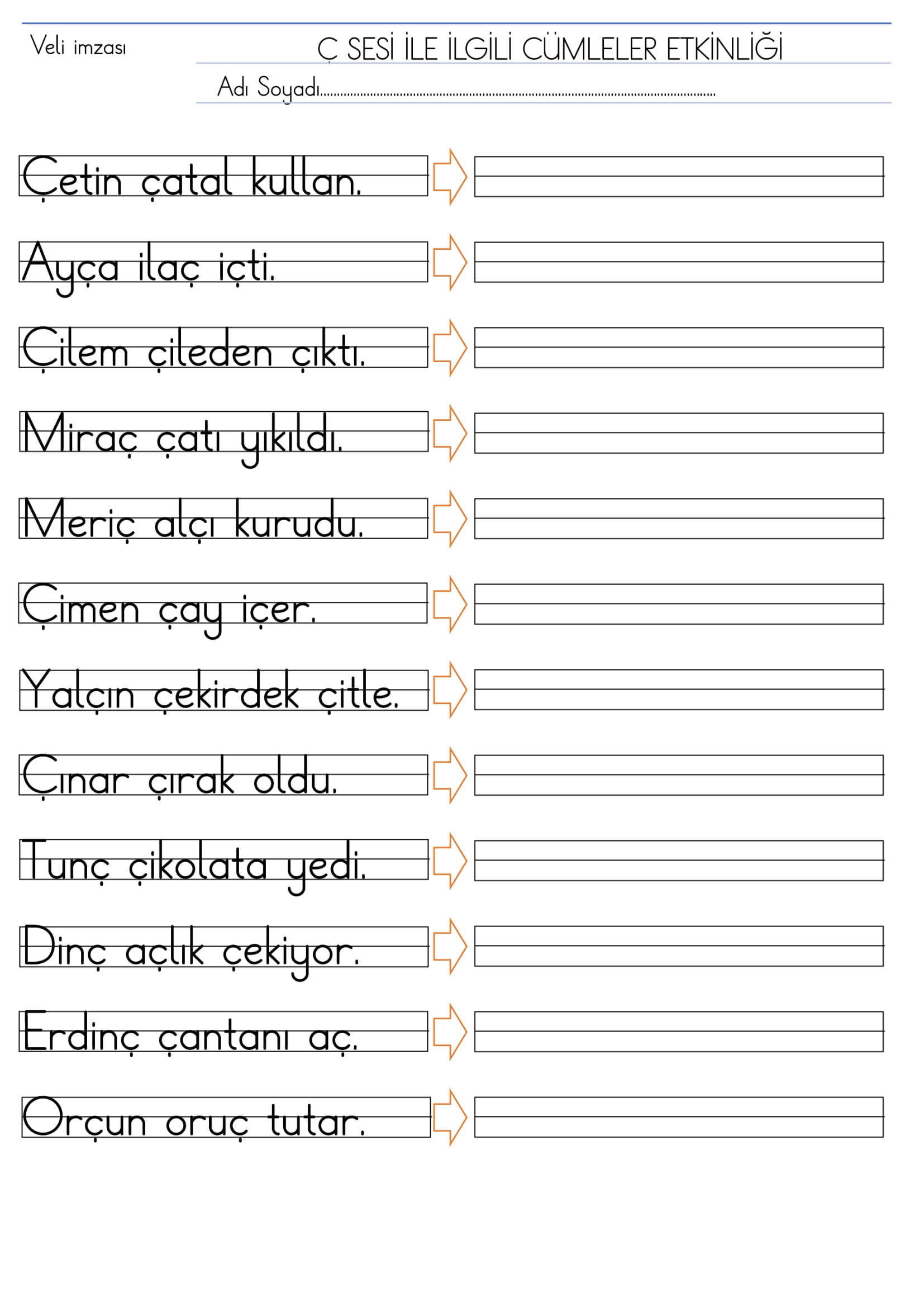 1. Sınıf İlk Okuma Yazma Ç Sesi Cümleler Etkinliği