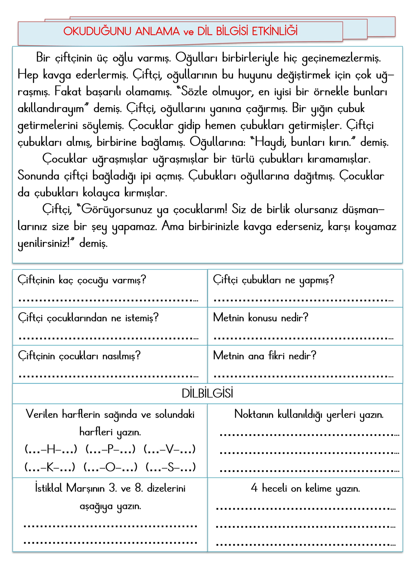 2. Sınıf - Türkçe Okuduğunu Anlama ve Dil Bilgisi Etkinliği-3