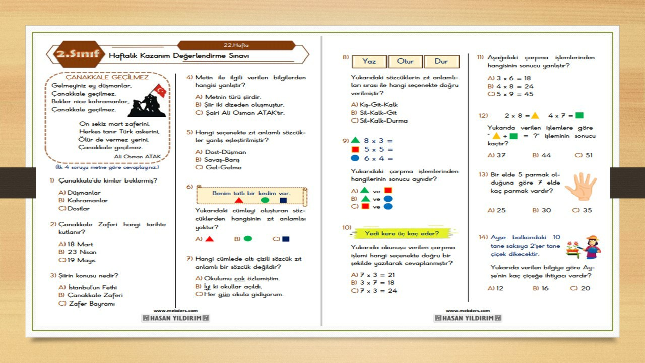 2. Sınıf Haftalık Değerlendirme Testi-22.Hafta(15-19 Mart)