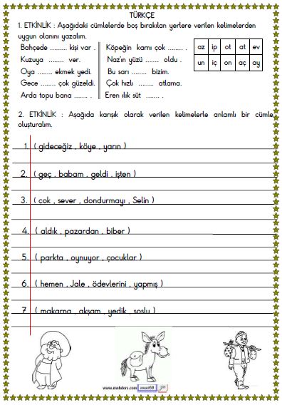 1. Sınıf Türkçe Boşluk Doldurma ve Cümle Oluşturma Etkinliği
