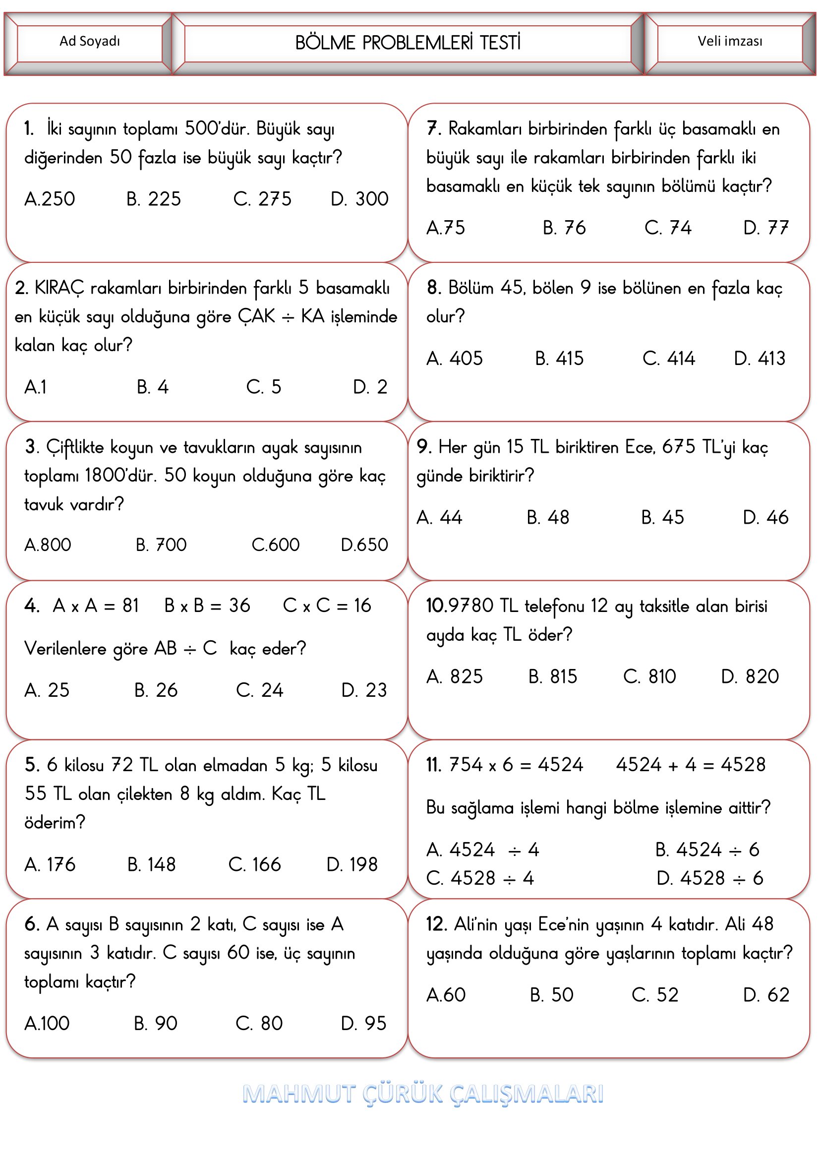 4. Sınıf - Matematik Bölme Problemleri Testi