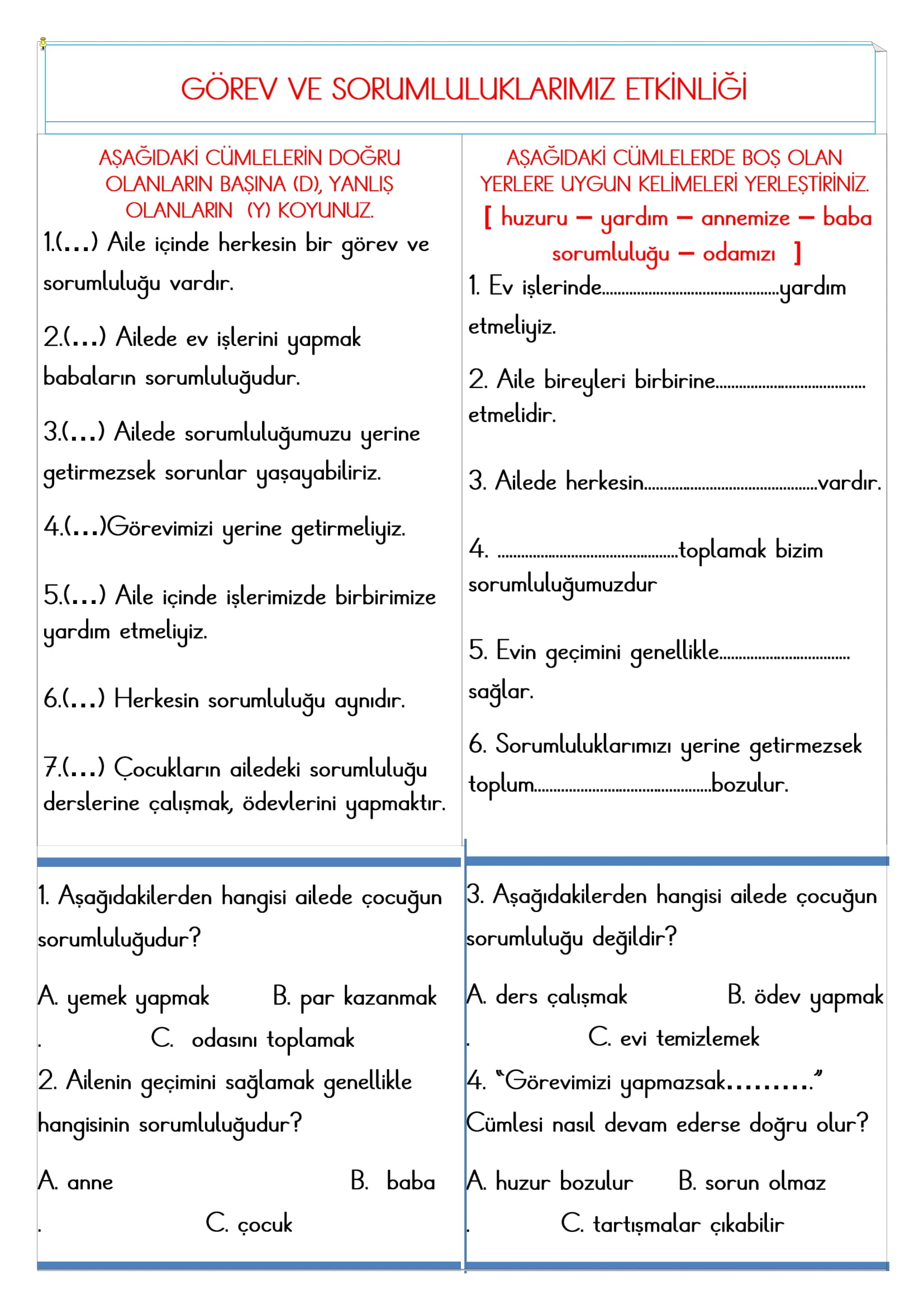 2. Sınıf - Hayat Bilgisi Görev ve Sorumluluklarımız Etkinliği
